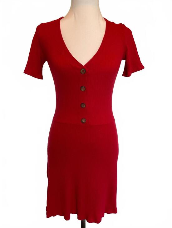 Reformation Dresses & Skirts - Reformation Red Ribbed Button Front V-Neck Mini Dress Short Sleeve Tencel Size S